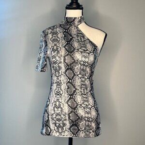 Women’s One Shoulder Black and Grey Snake Print Top, Size Small